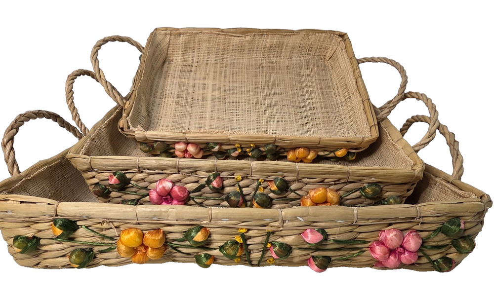 Vintage Straw Nesting Serving Trays Set of 3 Ribbon Flower Handles Boho
